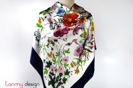 Square silk scarf with wild flower pattern and blue border